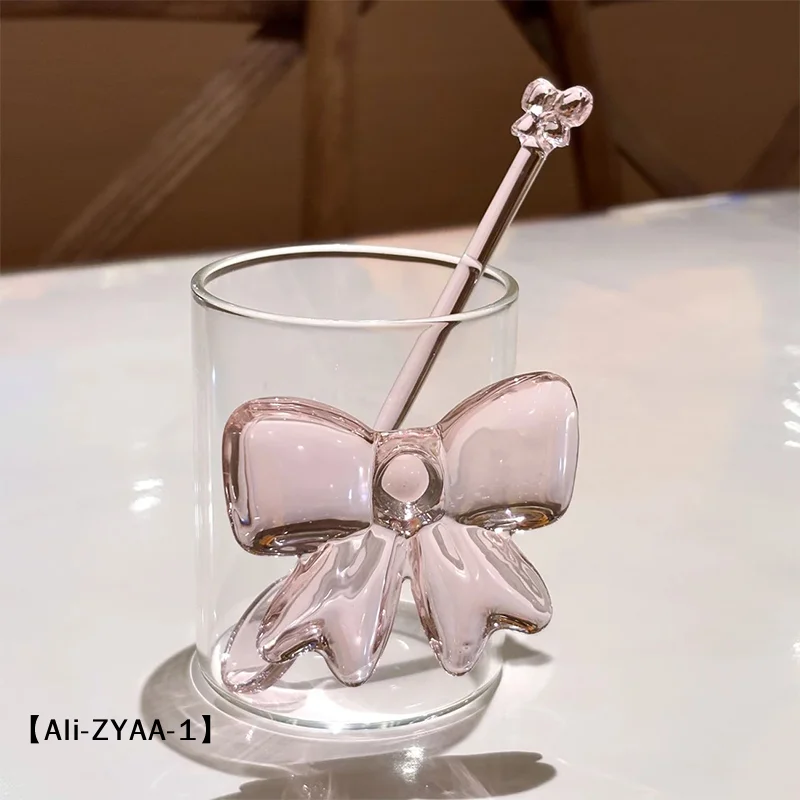 【A】Pink Bow Glass Coffee Spoon, Long-handled Dessert/milk Tea Stirring Spoon Heat-resistant Teaspoon Household Kitchen Tool