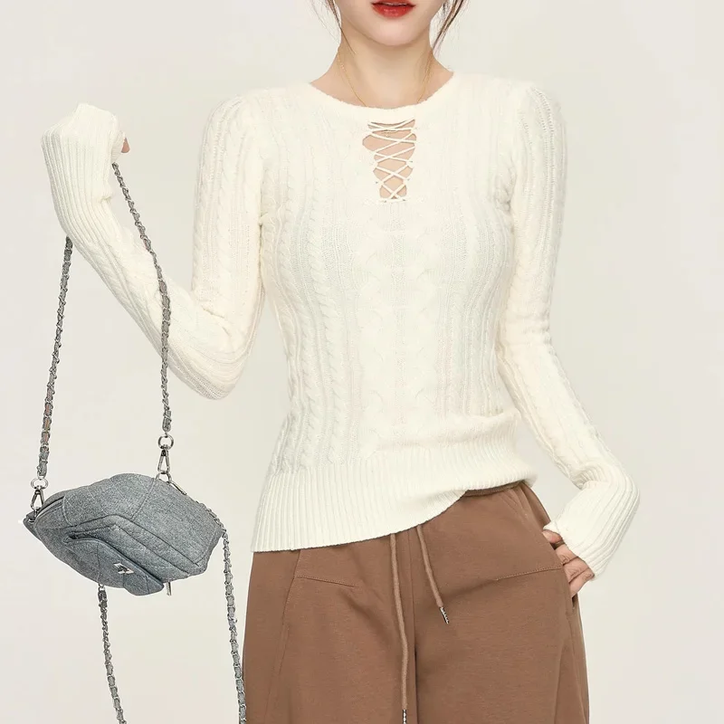 Crew Neck Cable Knit Jumper for Women, Lace Up Front