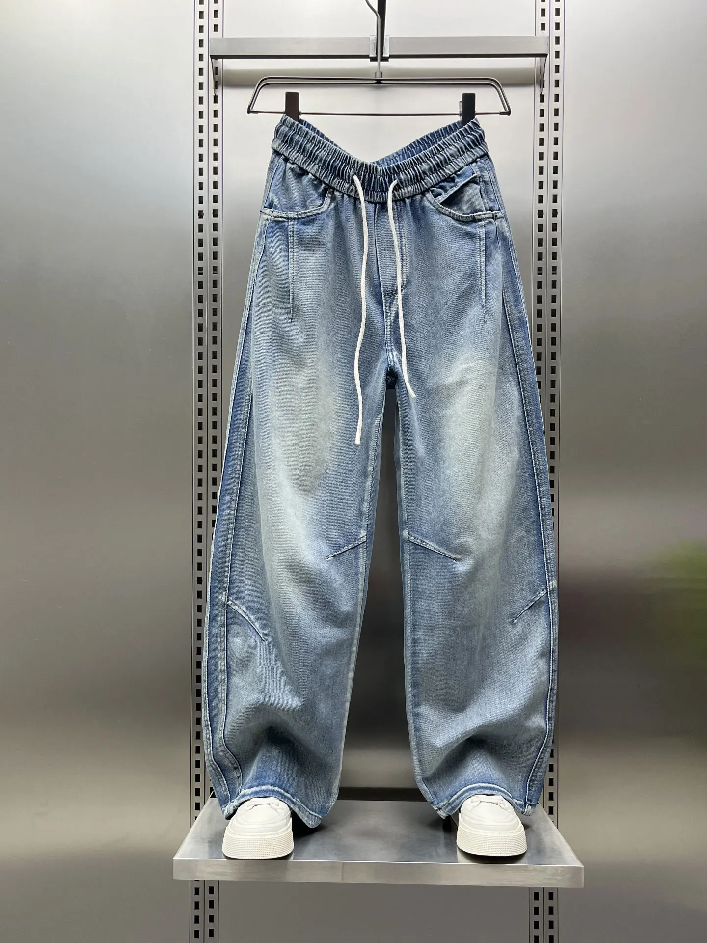 

Мужские джинсы свободного кроя в американском стиле, весенние, повседневные, с эффектом потертости, на шнурке, широкие брюки, модный бренд, модель Knife Ed...