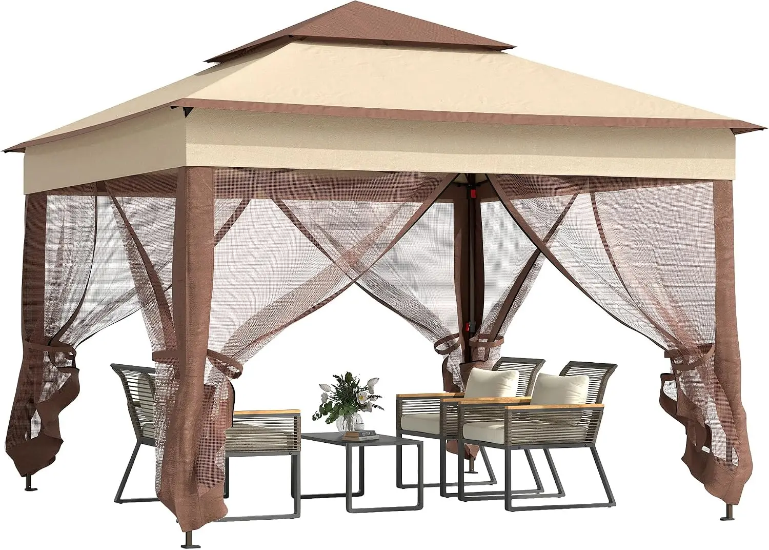 Outdoor Pop Up Canopy Gazebo, Backyard Garden Sunshade Tent, Lawn Deck Gathering Pavilion Shelter With Removable Zipper Netting, Modern Style, Khaki, One Piece