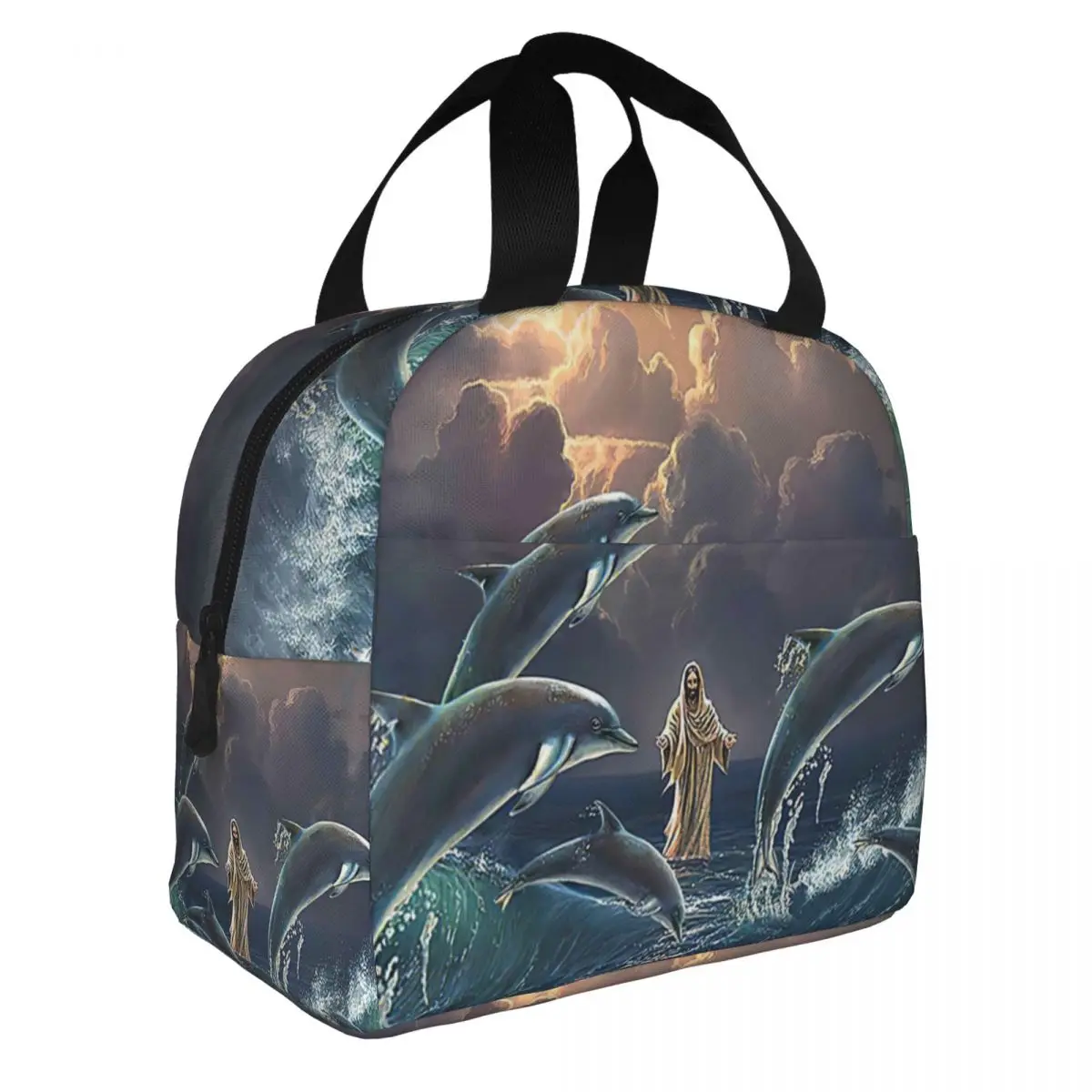 

Jesu And Fish Canvas Poster Lunch Bento Bags Portable Aluminum Foil thickened Thermal Cloth Lunch Bag for Women Men Boy