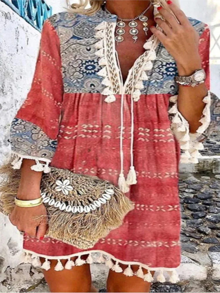 

Women Geometric Printed Tassel Decor Bell Sleeve Dresses 2025 Summer New Elegant Y2k Vestido Beach Vacation Boho Sweet Vestidos