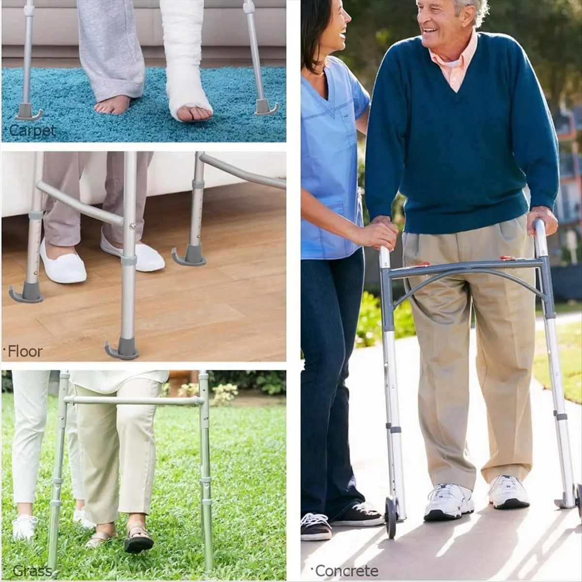 AT16 Ski Glides, Universal Foot Pads for Folding Walkers, Rubber Mobility Aids, Replacement Glide Caps for Seniors Grey