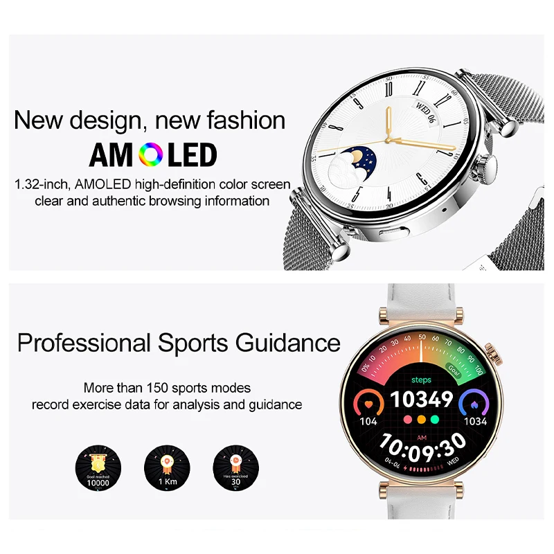 GEJIIAN New Women Smart Watch 1.32-inch AMOLED Bluetooth Call Heart Rate Monitoring IP68 Waterproof GPS Trajectory smartwatches
