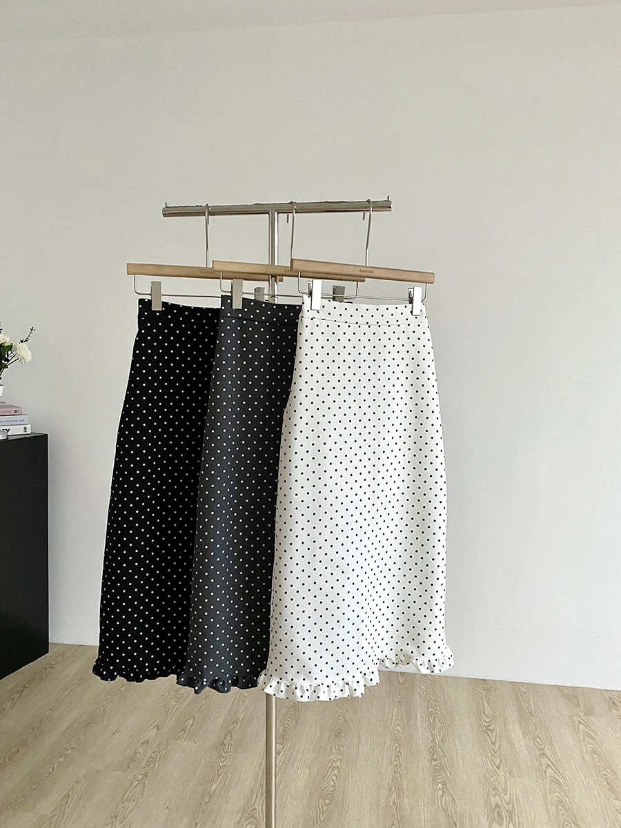 

2025 Summer New Korean Sle High Waist Polka Dot ter Ne Long Skirt Women's Casual Versatile Simple A-Line Midi Skirt