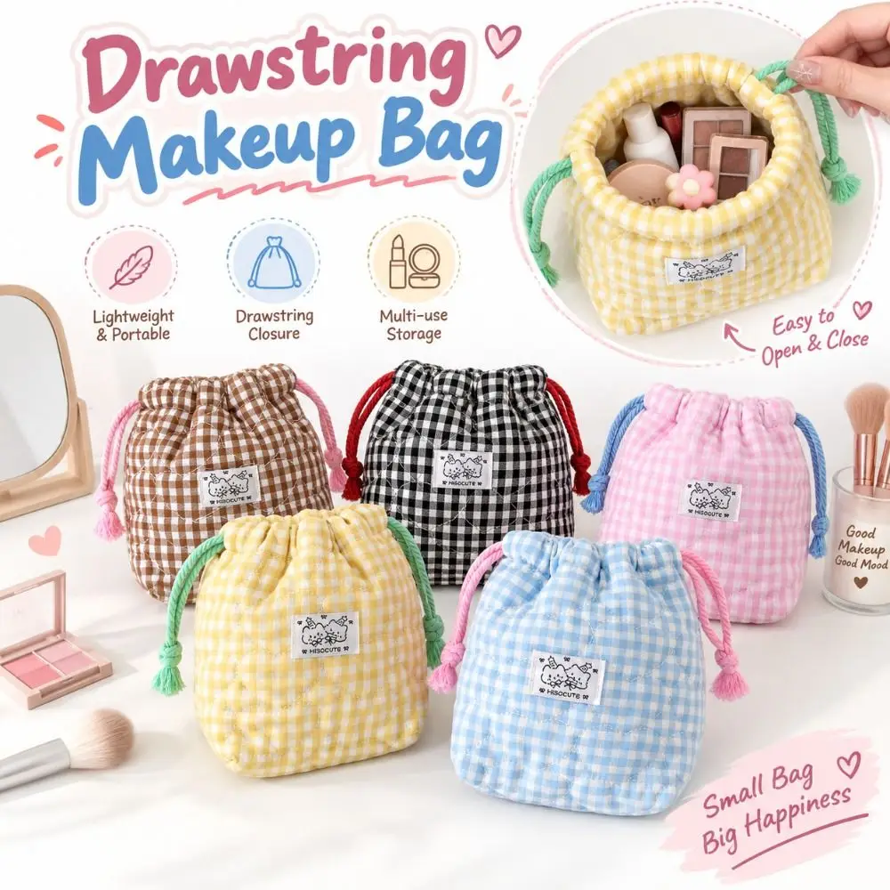 New Plaid Drawstring Makeup Bag Quilted Fabric Love Heart Label Camera Storage Bags Cute Style Cable Organizer Bag For Girls