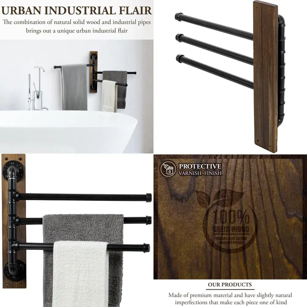 

3-Tier Industrial Pipe Swivel Towel Rack with Wooden Base for Bathroom, Kitchen, and Pool (Brown)