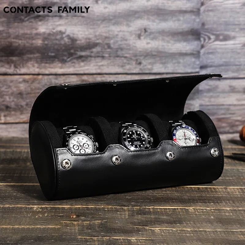 Three-Tier Genuine Leather Watch Box Portable Travel Watch Organizer Black Leather Dustproof Shock-Resist Mechanical Watch Case