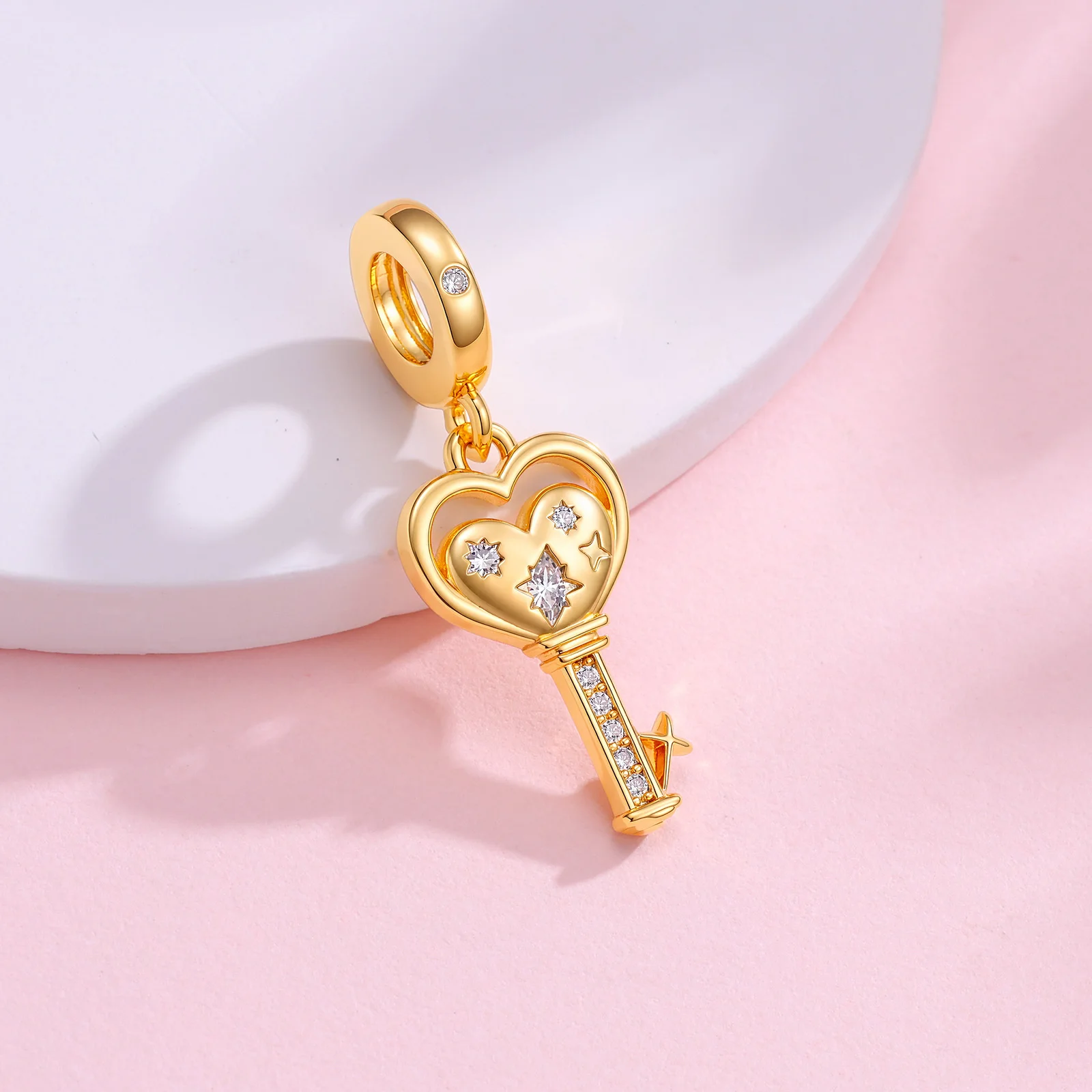New 925 Sterling Silver Heart-shaped Key Gold Pendant Original Charm For Women DIY Bracelet Making Sweet Gift For Her Collection