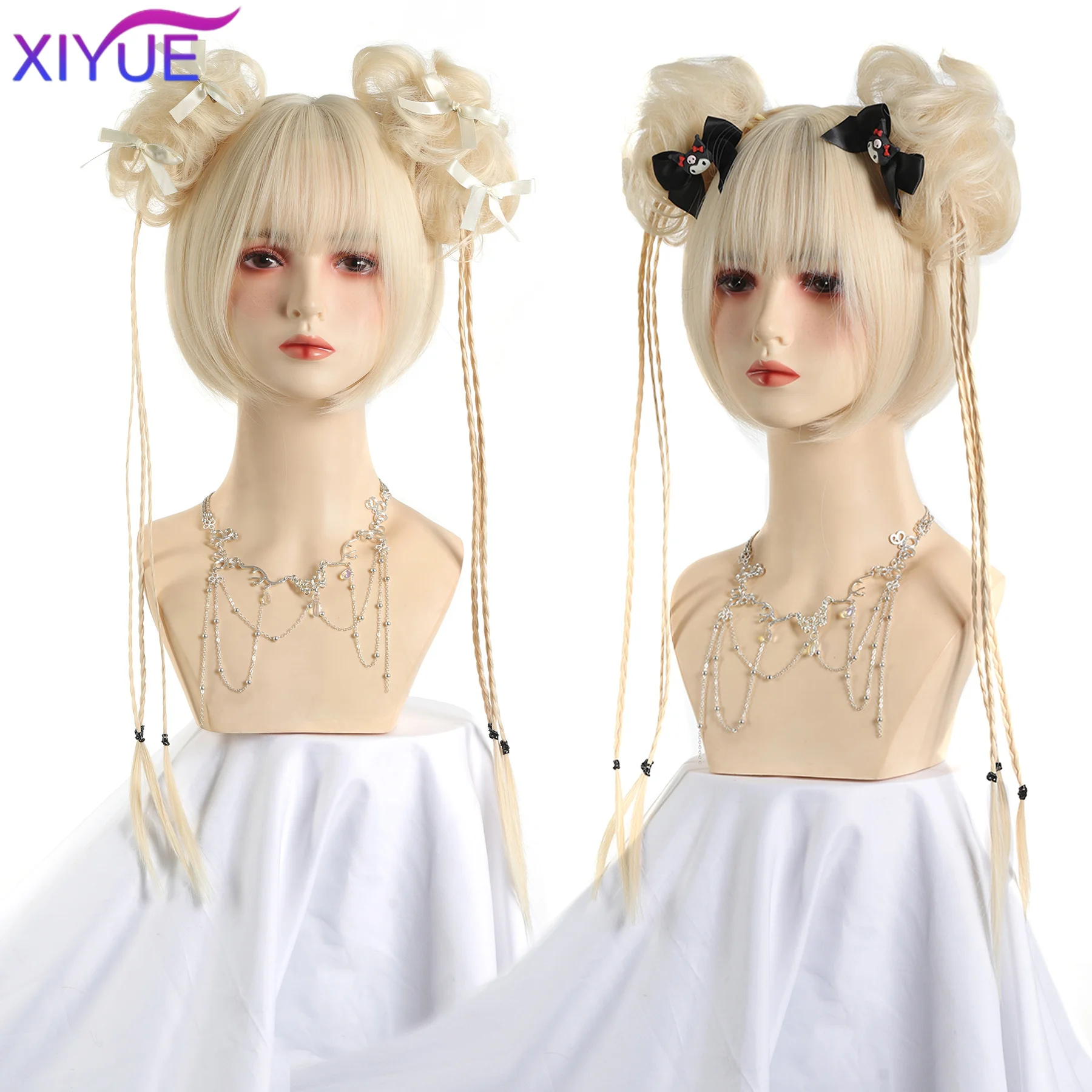 Synthetic golden Wig Ponytail New Chinese Style Wig Headdress Double Ponytail Synthetic long hairponytHallowe Lolita Cosplay  ﻿