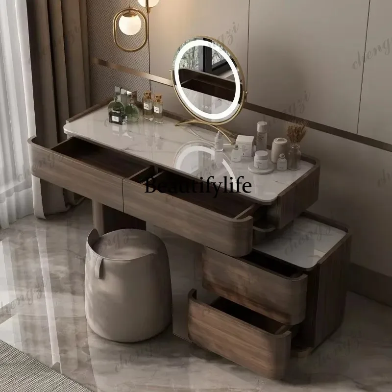 Tocador de dormitorio con cajones, color marrón natural, estilo europeo, con iluminación LED, para almacenamiento, con diseño acanalado, Mueble de dormitorio