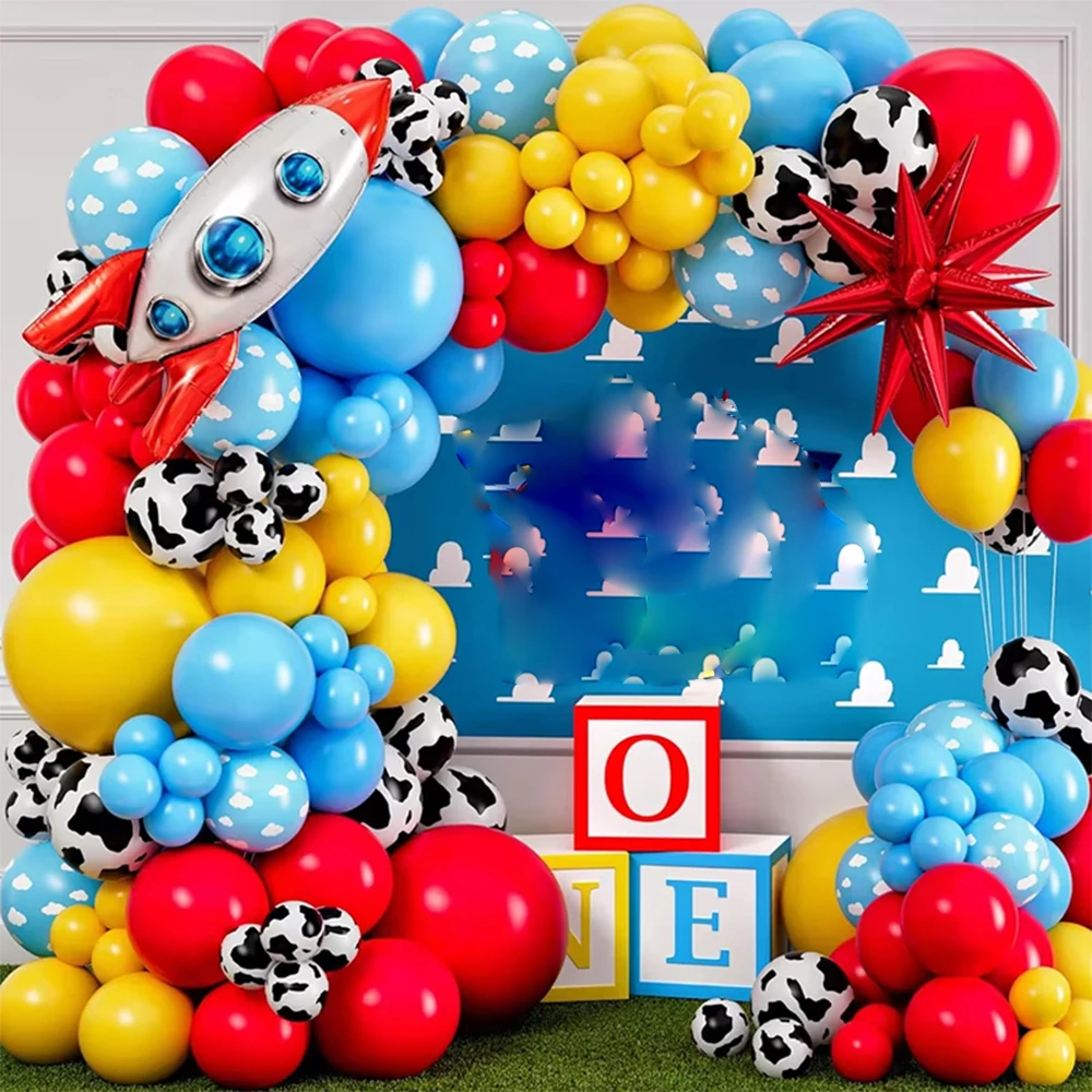 Red Blue Yellow Balloon Arch Kit Blue Red Yellow Cow Cloud Rocket Balloons for Cartoon Theme Birthday Baby Shower Decorations