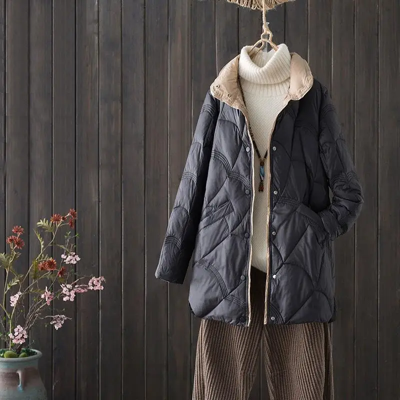 Leve puffer jaet feminino de comprimento médio branco du down faionable retro nuvem padrão gola casaco fino ajuste