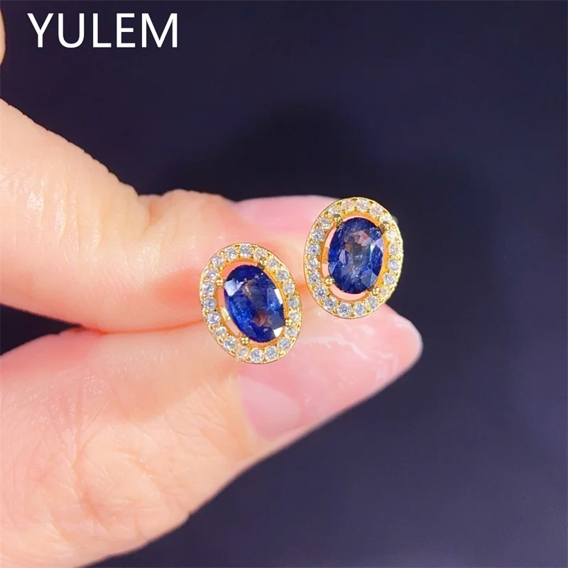 YULEM  New Arrival Natural Fine Jewelry 4x6mm Oval Cut Natural sapphire Earring for Office Women Daily Wear