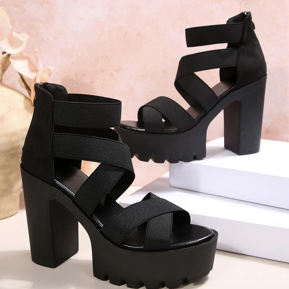 2026 Punk-Style Plateau-Sandalen mit klobigem Absatz für Damen, offene Zehenpartie, Slip-on, Stretch-Knöchelriemen, Sommerschuhe, Größen 35-43