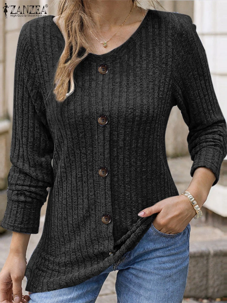 ZANZEA Knitted Ribbed O Neck Blusas Tops Commute Streetwear Autumn 2024 Fashion Blouses Women Casual Solid Long Sleeve T-shirts