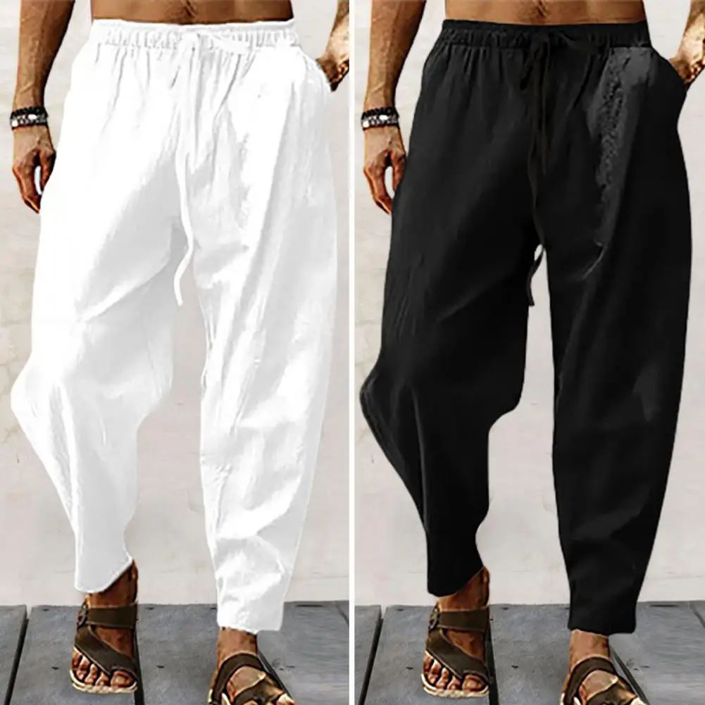 

Men Summer Sweatpants Solid Color Drawstring Loose Fitness Men Harem Pants Elastic Waist Pockets Sports Jogging Men Trousers