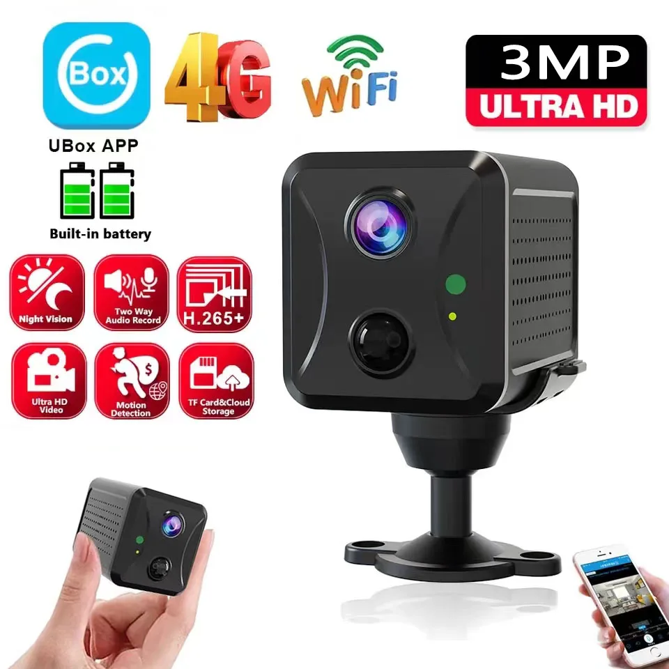 Ubox-4G Câmera de Vigilância, 3MP Mini Video Recorder, Bateria de baixa energia, 60 Days Voice Intercom, Cartão SIM, Câmera CCTV WiFi