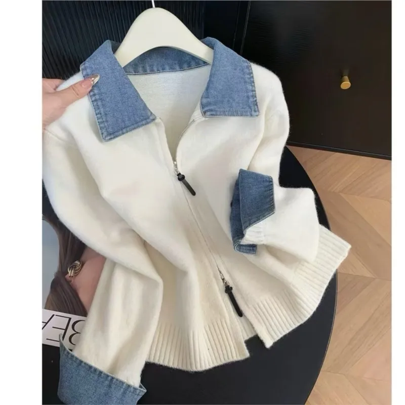 Color Blocked Knitted Sweater For Women Autumn Fashion Lapel Zipper Cardigan Sweaters Outerwear Ladies Casual Versatile Clothing