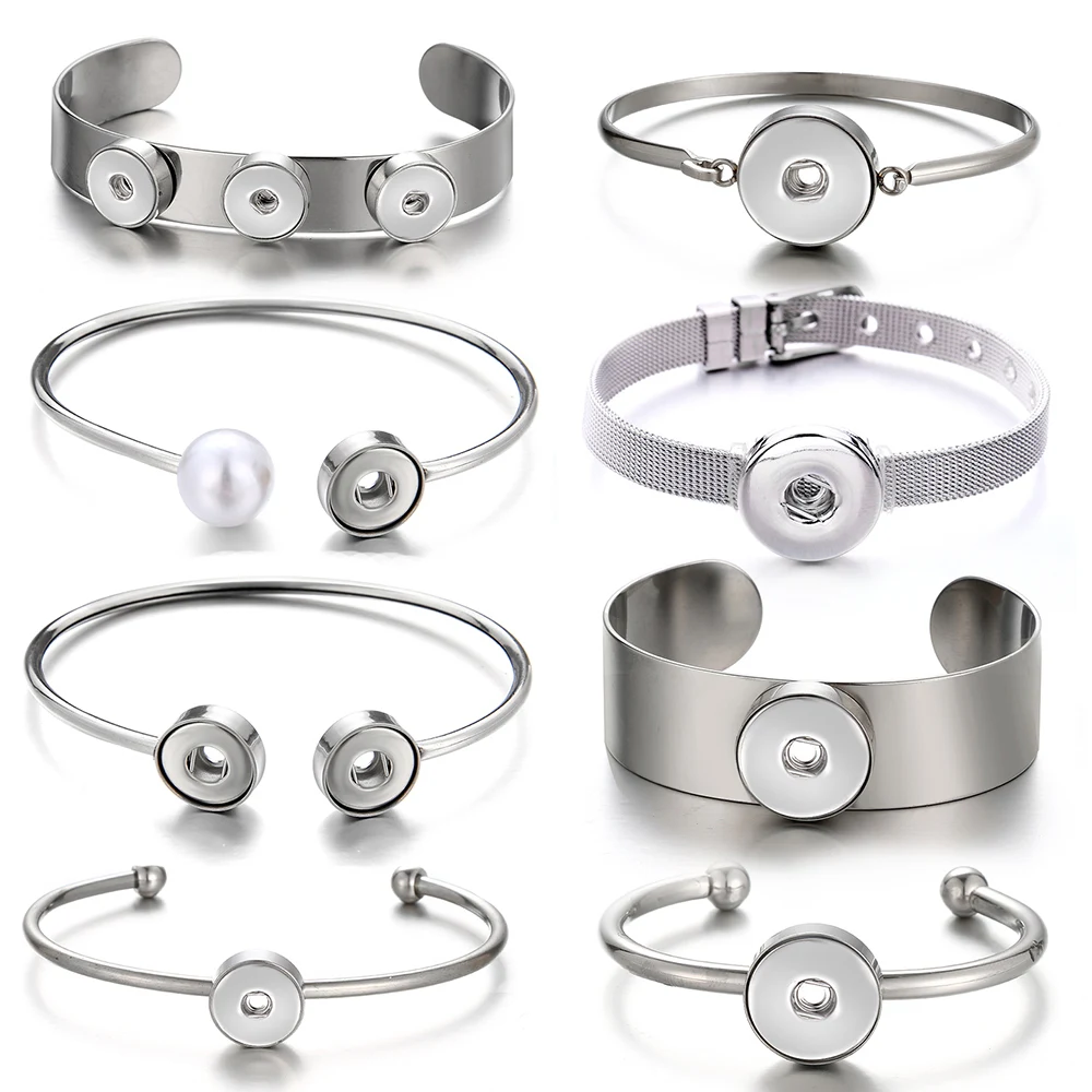 Hot Charming Stainless Steel Snap bangle bracelets Wide Opening watchband styles fit 12mm/18mm snap buttons DIY jewelry