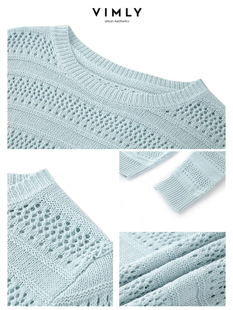 Vimly-Haut en tricot fin à manches longues évidé bleu clair pour femmes, pulls à col rond, style paresseux, vêtements de printemps, nouveau, 2024, 72798