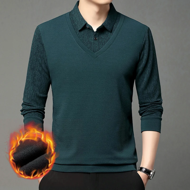 

Men's Casual Long Sve Fce Lined Thiened T-irt Collared Faion Fake Two-Piece Dad Clothes Polyester Spandex Blend