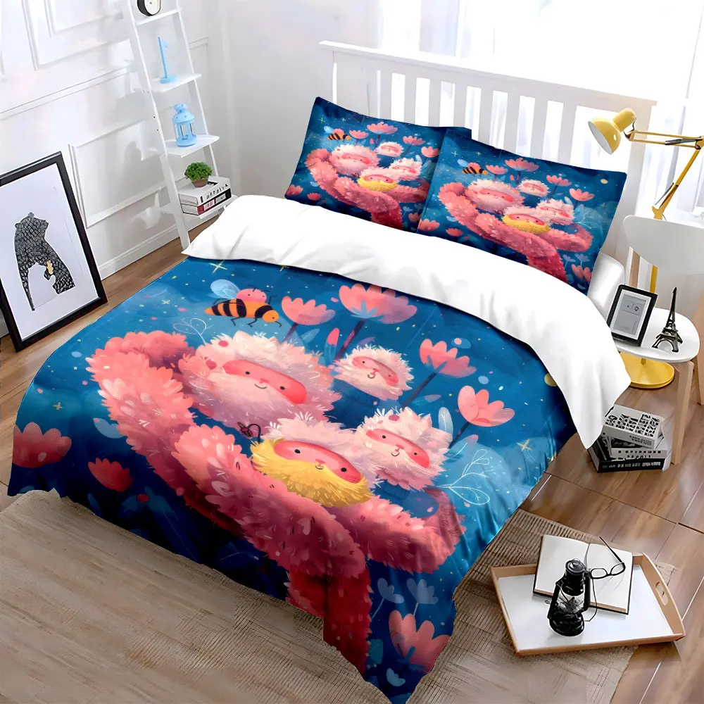 3Pcs Fluffy Pink Elf Flower Duvet Cover Set, Night Sky Bee Fairy Tale Kids Bedding Single Double King Queen, Gift