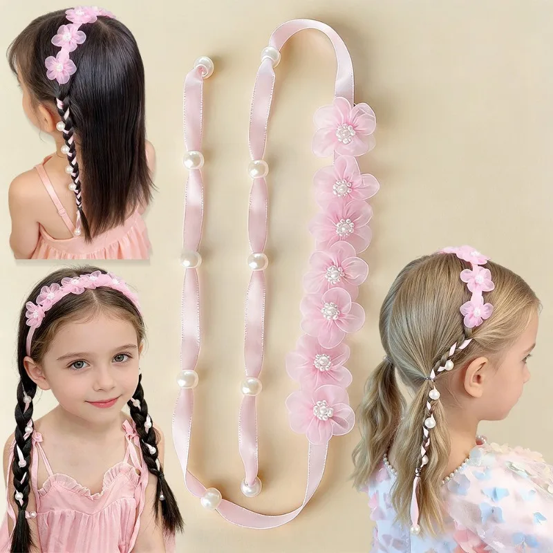1 Stück Organza-Blumen-Haarband mit langem Band, modisches böhmisches Blumen-Haargummi, geflochtenes Haarband, geeignet für tägliche Partys – Detail 13