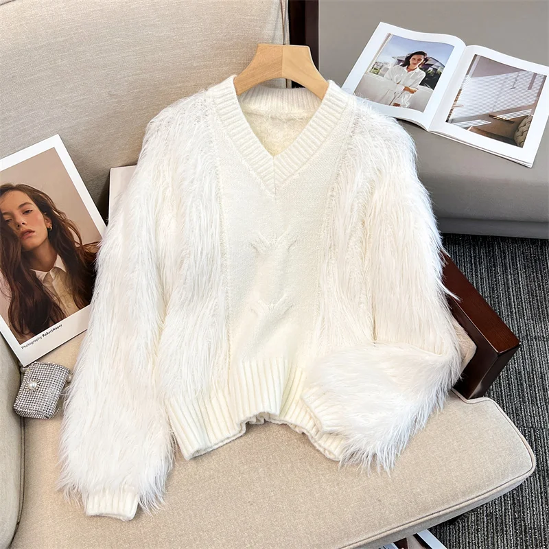 New Women Autumn Winter Imitation Mink V Neck Long Sleeve Casual Knitted  Sweater Chic Pullover Sweater