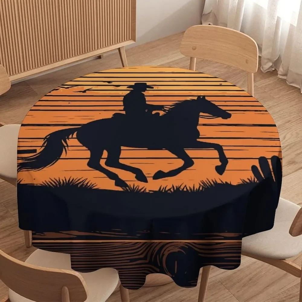 Retro Country Western Cowboy Round Tablecloth Cottage Farmhouse Wooden Board Riding Horse Print Washable Cover for Home