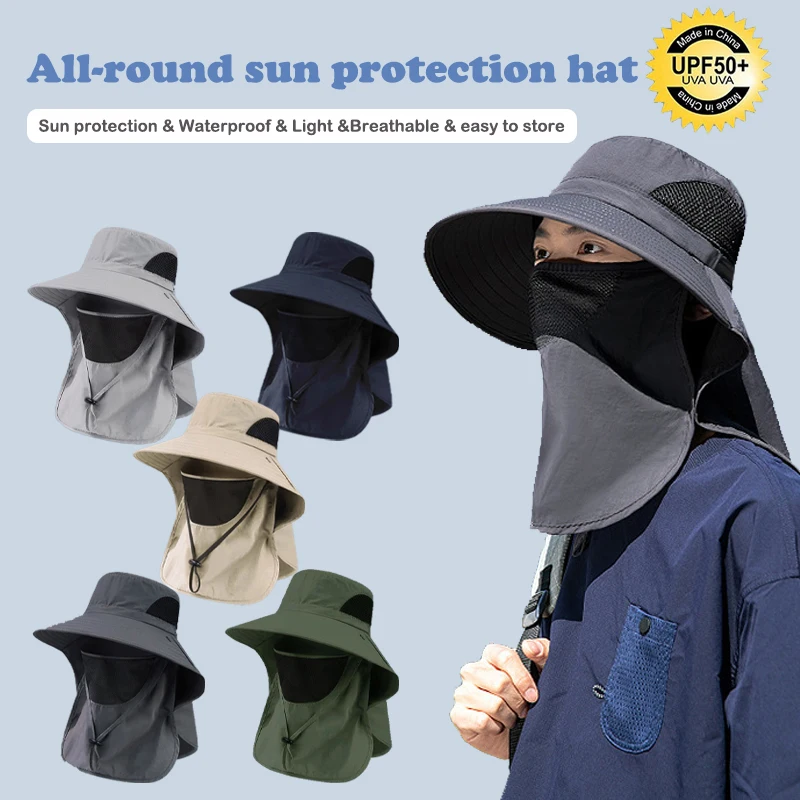 Sombrero de cubo con protección UV ajustable: cubierta facial y protector de cuello desmontable, gorra parasol de ala ancha para pesca, artículos esenciales de viaje