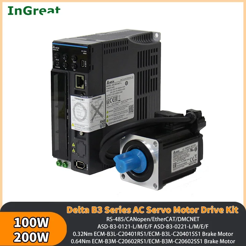 

Delta B3 100W/200W AC Servo Motor Drive Kit ECM-B3L-C20401RS1/SS1 ASD-B3-0121-L/M/F/E CANopen DMCNET EtherCAT RS485 0.32/0.64Nm