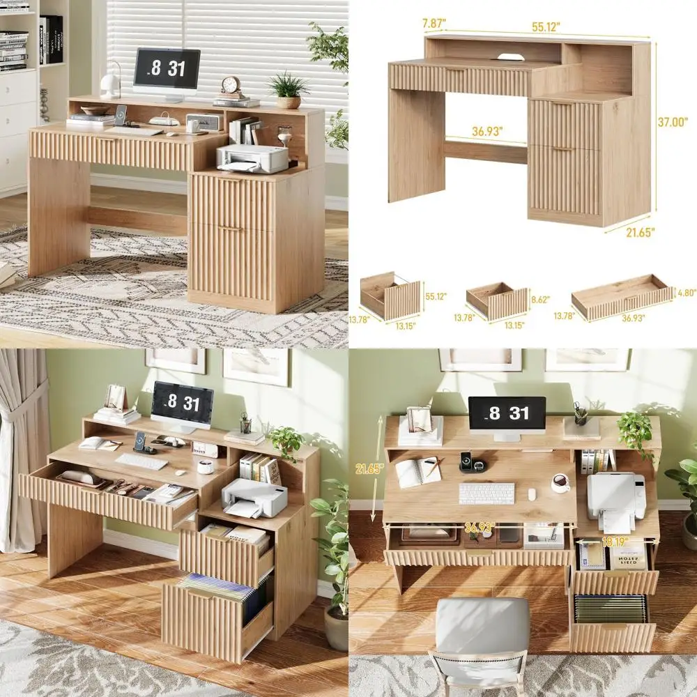

Oak Computer Desk with Drawers, Power Outlets, Printer Stand, and Storage Cabinet