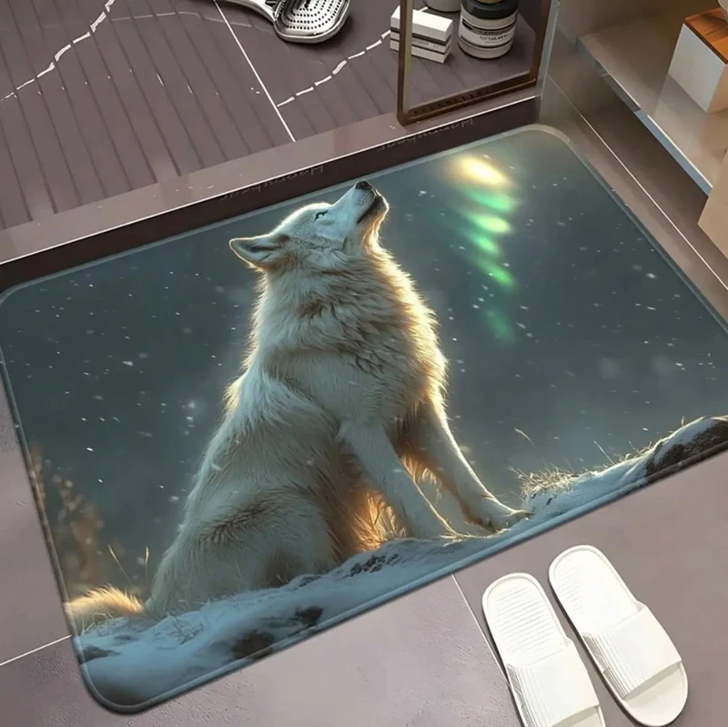 Stunning White Wolf Aurora Pattern Non Slip Absorbent Quick Dry Door Mat Premium Bathroom Entrance Home Decor Floor Rug
