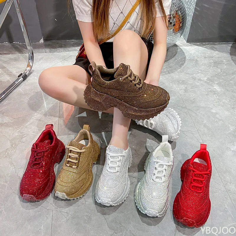 Nuevos zapatos cortos y gruesos con parte inferior de bizcocho y diamantes para papá, zapatos deportivos informales a la moda con diamantes brillantes para mujer, zapatos deportivos de diseñador