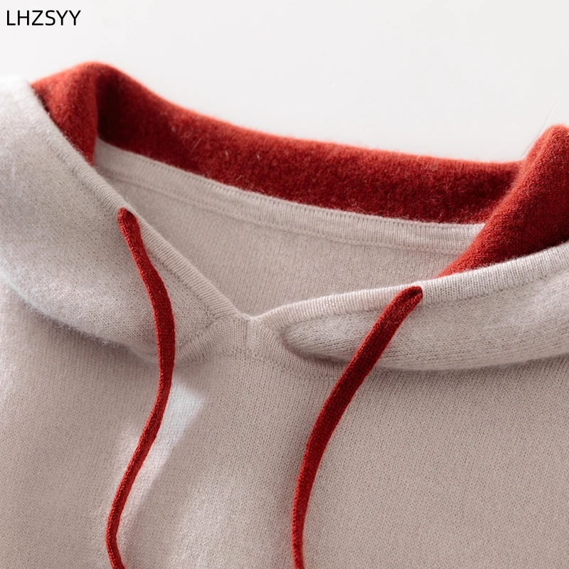 LHZSYY 100% Pure Cashmere Hooded Sweater Winter New Ladies\' Knit Pullover High-end Large size Jacket Color Matching Thick Hoodie