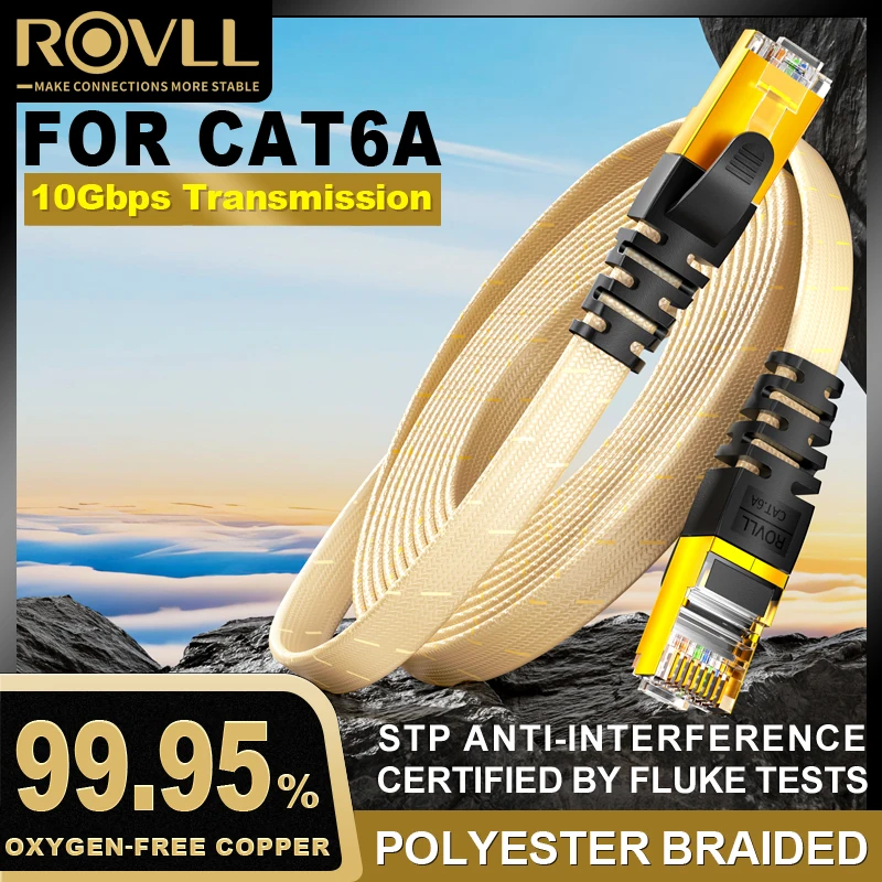 ROVLL CAT6A Ethernetkabel Platte LAN-kabel 10Gbps STP Netwerkkabel CAT6A Internetkabel Gevlochten Patchkabel