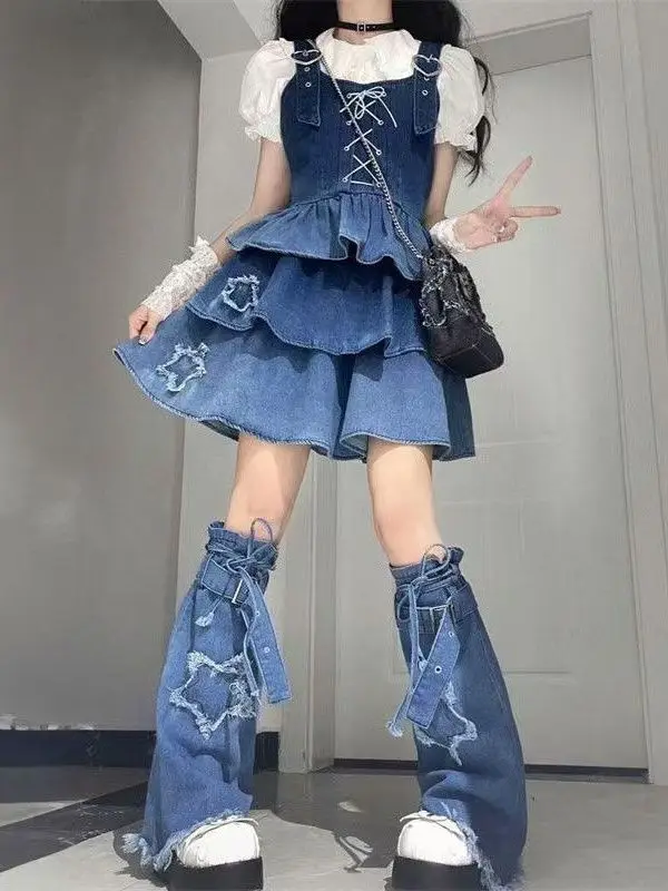 여름 슬리밍 블루 그라데이션 데님 홀터넥 드레스 여성 패션 세트 숏 퍼프 스커트 투피스 세트 통기성 좋은 면 혼방