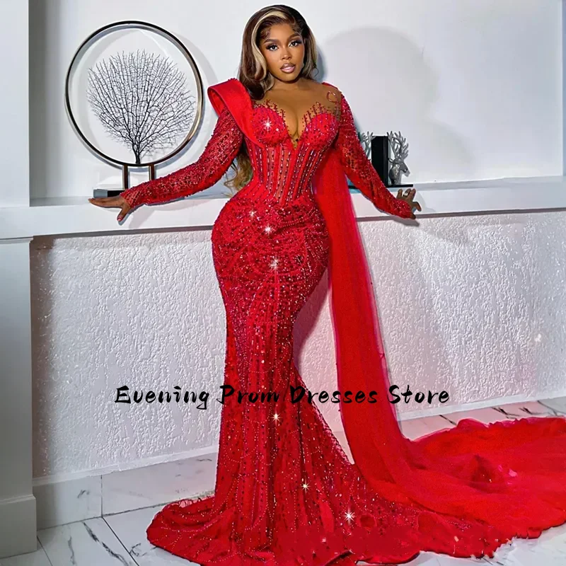 

Customized Luxury Shiny Red Ball Dress Long Sleeve Phantom Beaded Glitter Party Dress for Black Women Second Reception Dress