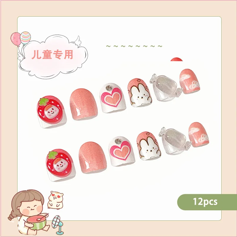 12PC Child Nail Tips Kids False Nail Girls Cartoon Press on Nails Colorful Festival Full Cover Nail Cute Manicure Tool