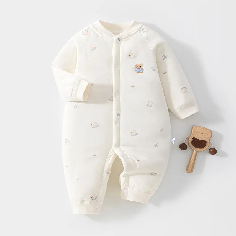 Autumn Casual Baby Bodysuit Floral Print Long Sleeve Jumpsuit for Boys Girls Padded Warm Infant One Piece Clothes