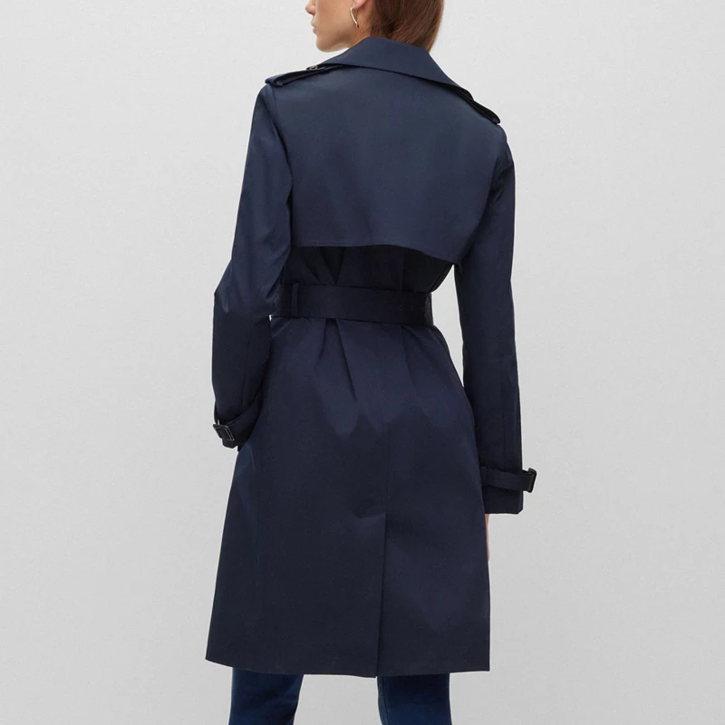 Double breasted waist cinched slim fit navy blue women's trench coat fashionable elegant custom long windproof formal Coat women