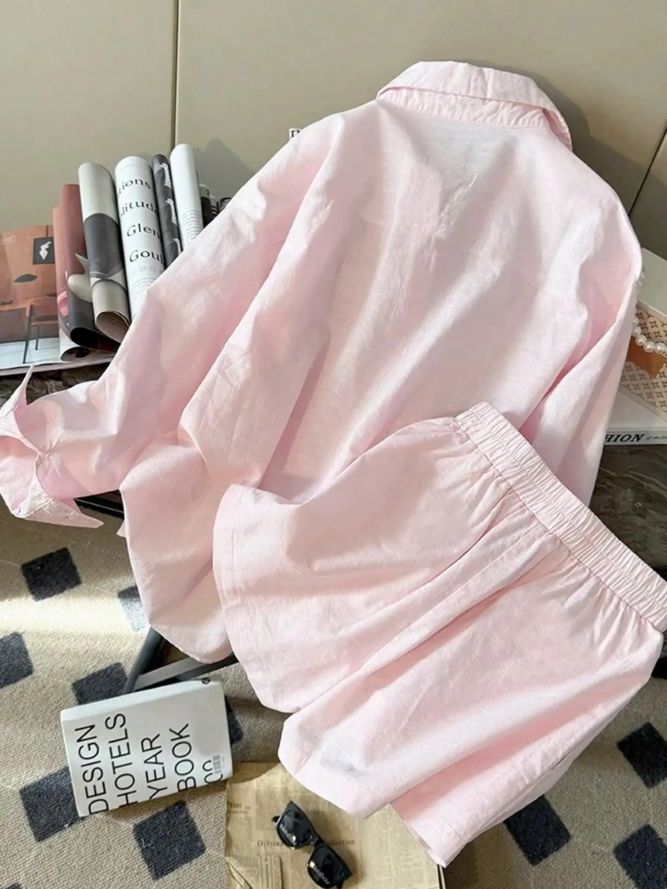 Women's Loose Fit Collar Cardigan Elastic Waist Shorts Set Casual Lazy Style Shoulder-Length Sleeve Shirt High Waist Wide Leg Sh