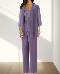Jumpsuit / Pantsuit 3 Piece Mother of the Bride Dress Formal Wedding Guest Elegant Square Neck Chiffon Lace Half Sleeve 2024