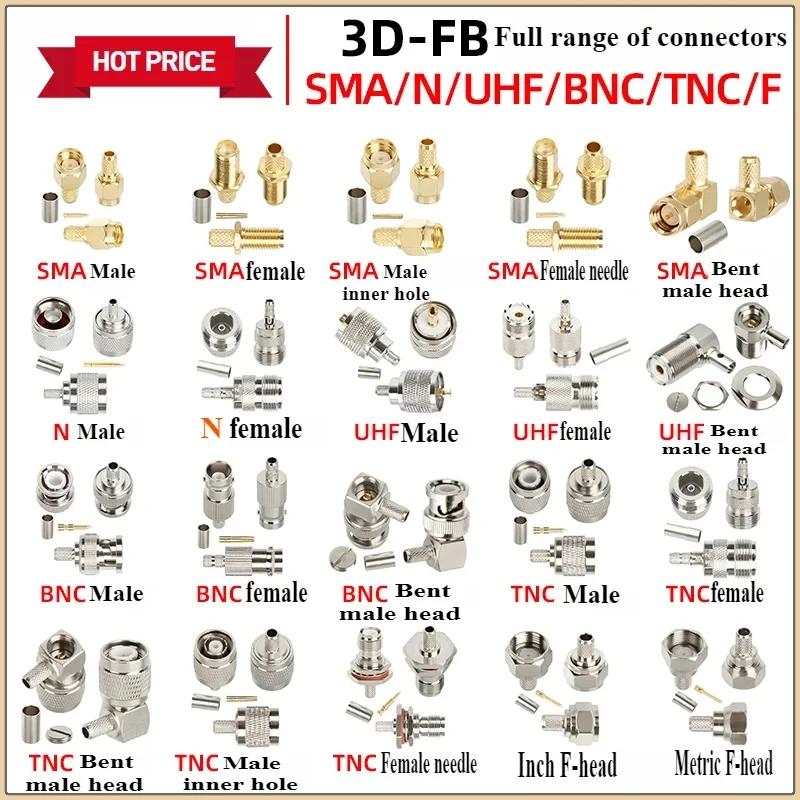 

2 Pcs Pure copper 50-3 feeder connector crimping RG58 plug SMA/BNC/TNC/UHF/M/F/N RF connector 3D-FB