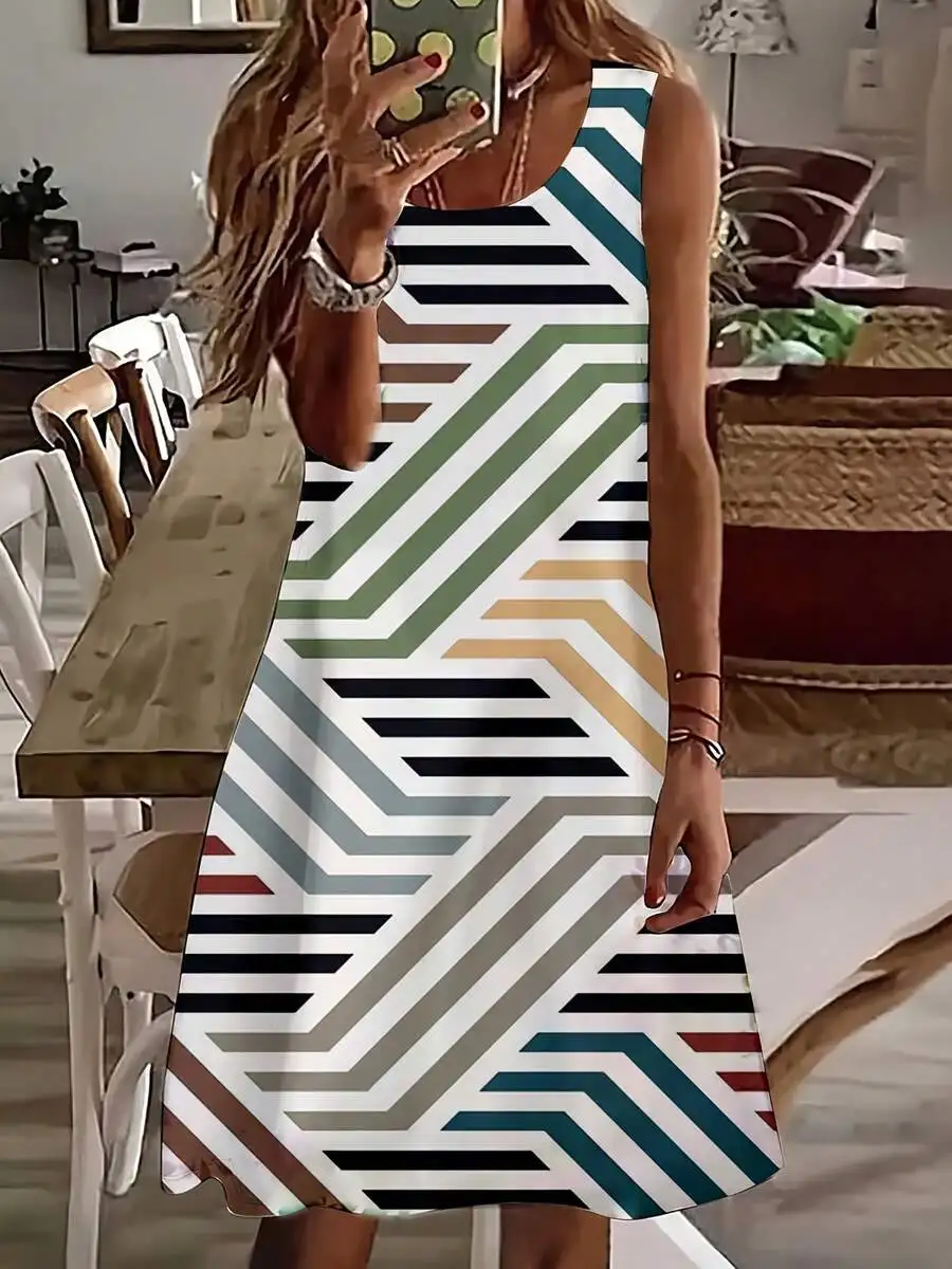 

Women Sleeveless Dress Geometric Stripes Pattern Summer Casual A-Line Dress