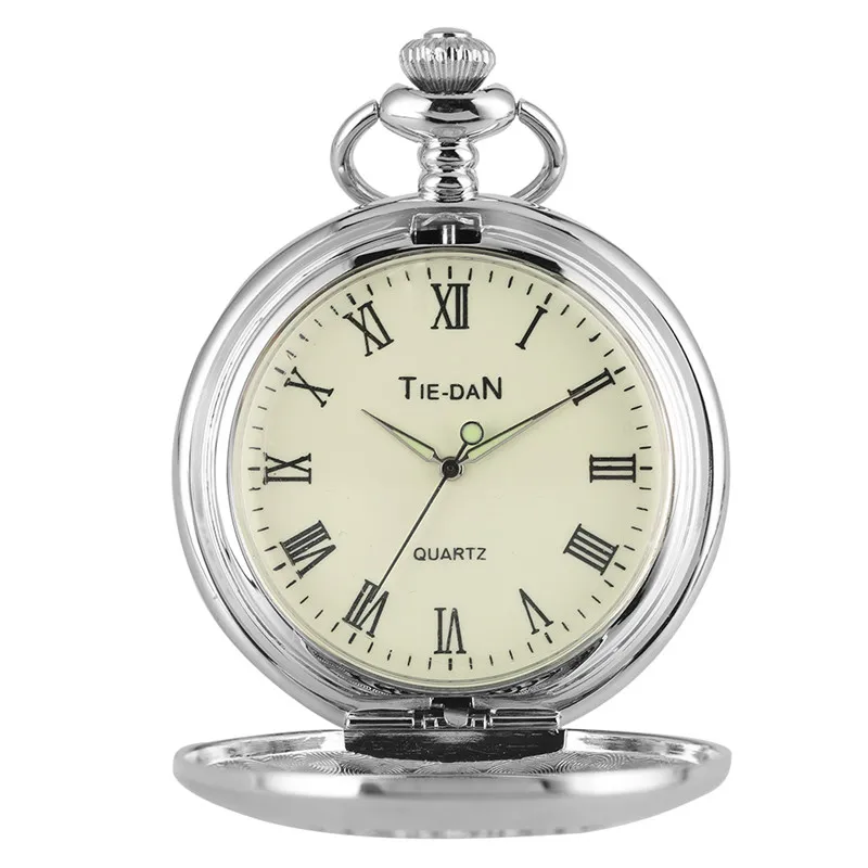 Reloj de bolsillo de cuarzo para hombre y mujer, caja de flores ahuecada de plata, reloj de medio cazador, esfera con número romano, cadena colgante