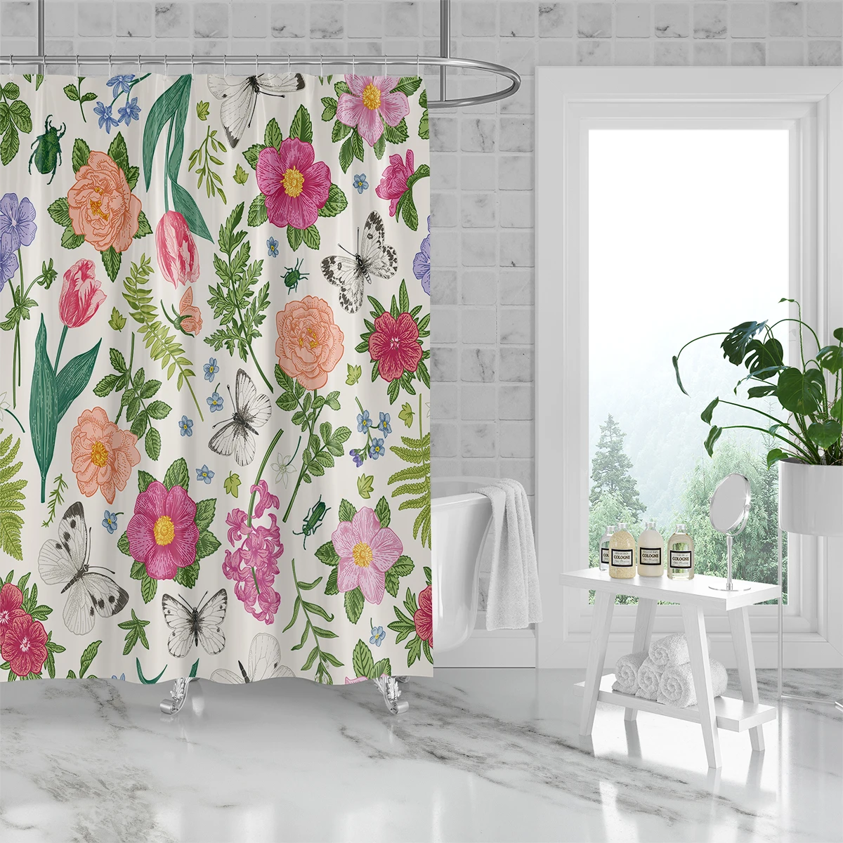 1 piece of 180x180cm printed shower curtain with floral pattern, 12 hooks, waterproof and mold resistant partition