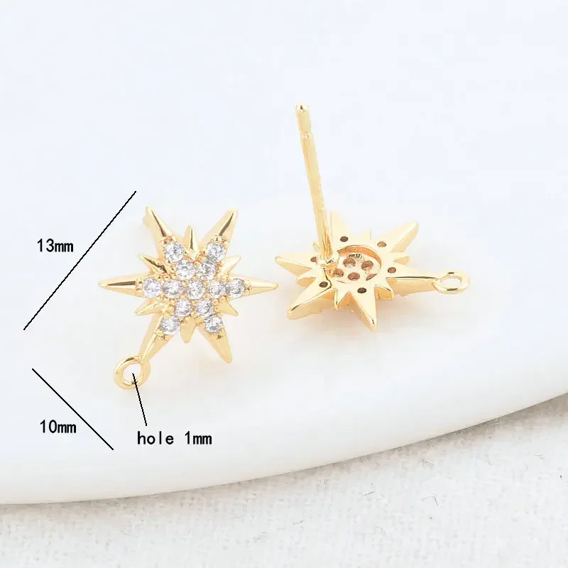 4PCS 10*13MM 24K Gold Color Brass with Zircon Star Shape Stud Earrings Pins Jewelry Making Supplies Diy Findings Accessories