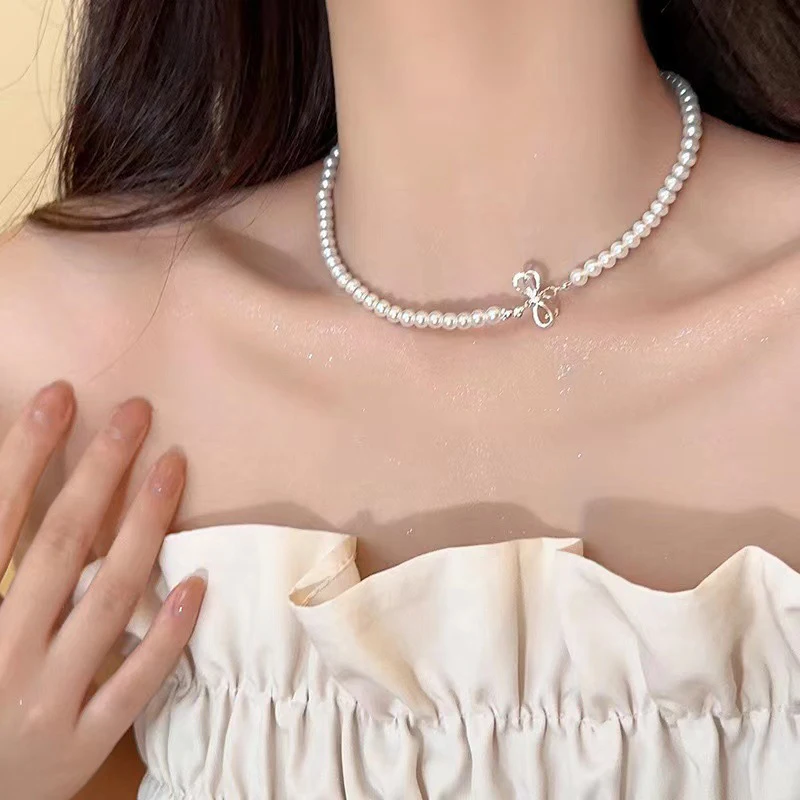 Fashion Temperament Bow Pearl Necklace For Women Girls Gentle Vintage Sweet Clavicle Chain Party Jewelry Accessories Gifts image 4